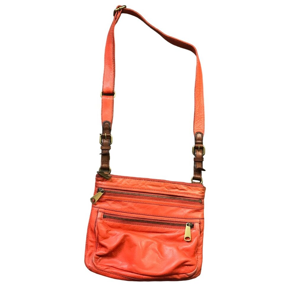 FOSSIL Explorer Crossbody Bag Orange Pebbled Leather Zip Top Purse Pockets FLAW‎